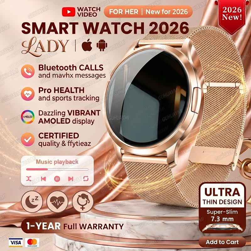 2026New レディーススマートウォッチ AMOLED ディスプレイカスタムダイヤルスポーツフィットネス健康 Tracke 防水ブレスレット音楽デジタル時計女性
