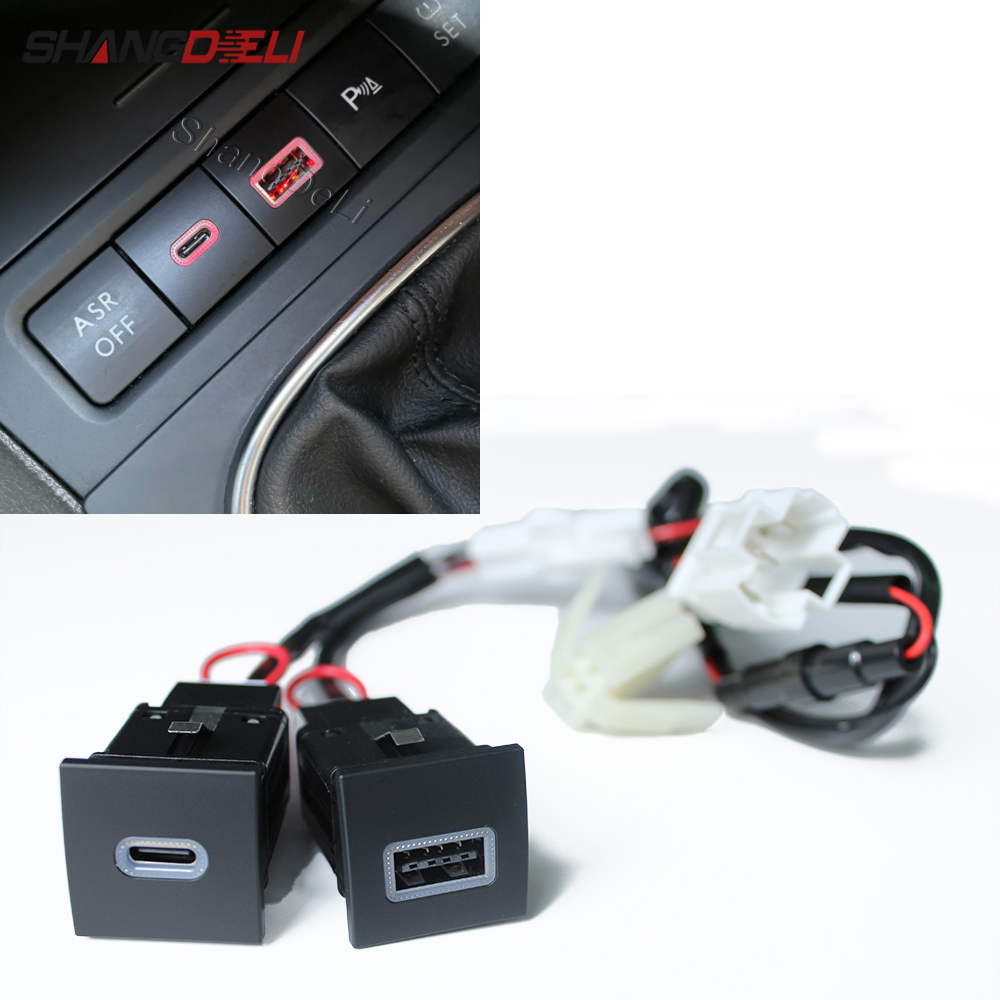 12V 赤色 LED カーソケット充電器デュアル USB PD タイプ C ポート電話充電器電源アダプタ VW ゴルフ 6 MK6 ジェッタ 5 MK5