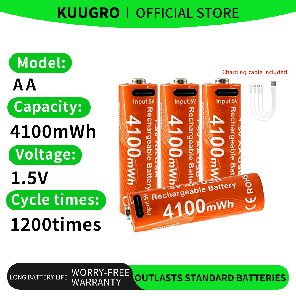 Kuugro 高ドレイン 1.5V 単三充電式電池 4100mWh USB 充電高速フラッシュリサイクル カメラフラッシュスピードライト用
