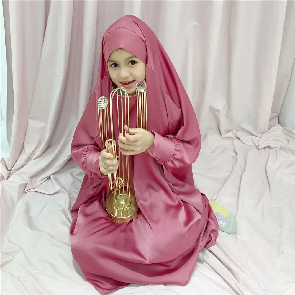2 個イスラム教徒子供女の子祈り衣服オーバーヘッドキマールローブイードフード付きヒジャーブスカートセットアバヤドレスイスラムラマダンローブ Jalabiya