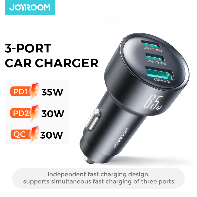 Joyroom 65W USB C カーチャージャー、PD 3.0 QC 3.0 USB Type-C 高速充電アダプター iPhone 17/16/15 Samsung Xiaomi 用