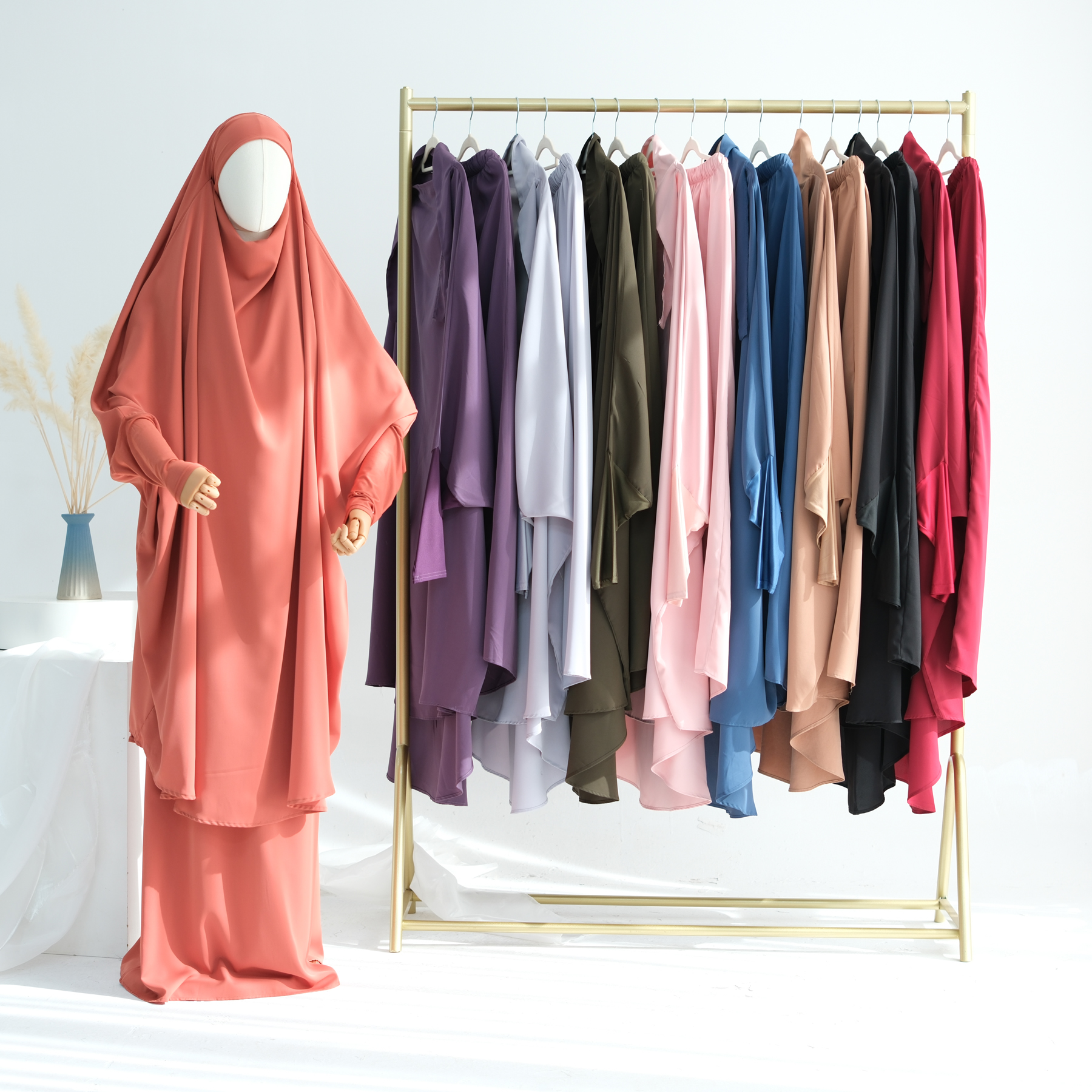 イスラム教徒の女性の祈りの衣服ジルバブ 2 点セット、ラマダン イード ヒジャビ イスラム服祈りセット、祈りアバヤ ワイド A ライン スカート