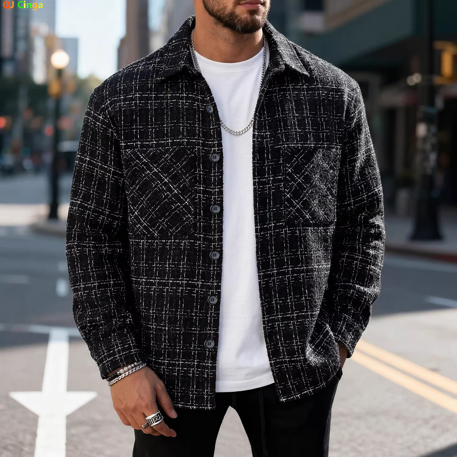 春と秋用のメンズブラックストライプ長袖ジャケット。ホワイトチェック柄シングルブレストラペルコート。ユニセックスのルーズフィットトップス。