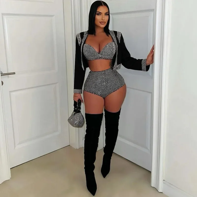 Sparkly Diamonds 3 Piece Short Sets Woman Outfits Rhinestones Luxury Birthday Cropped Jacket Top and Bra and Shorts Set Clubwear