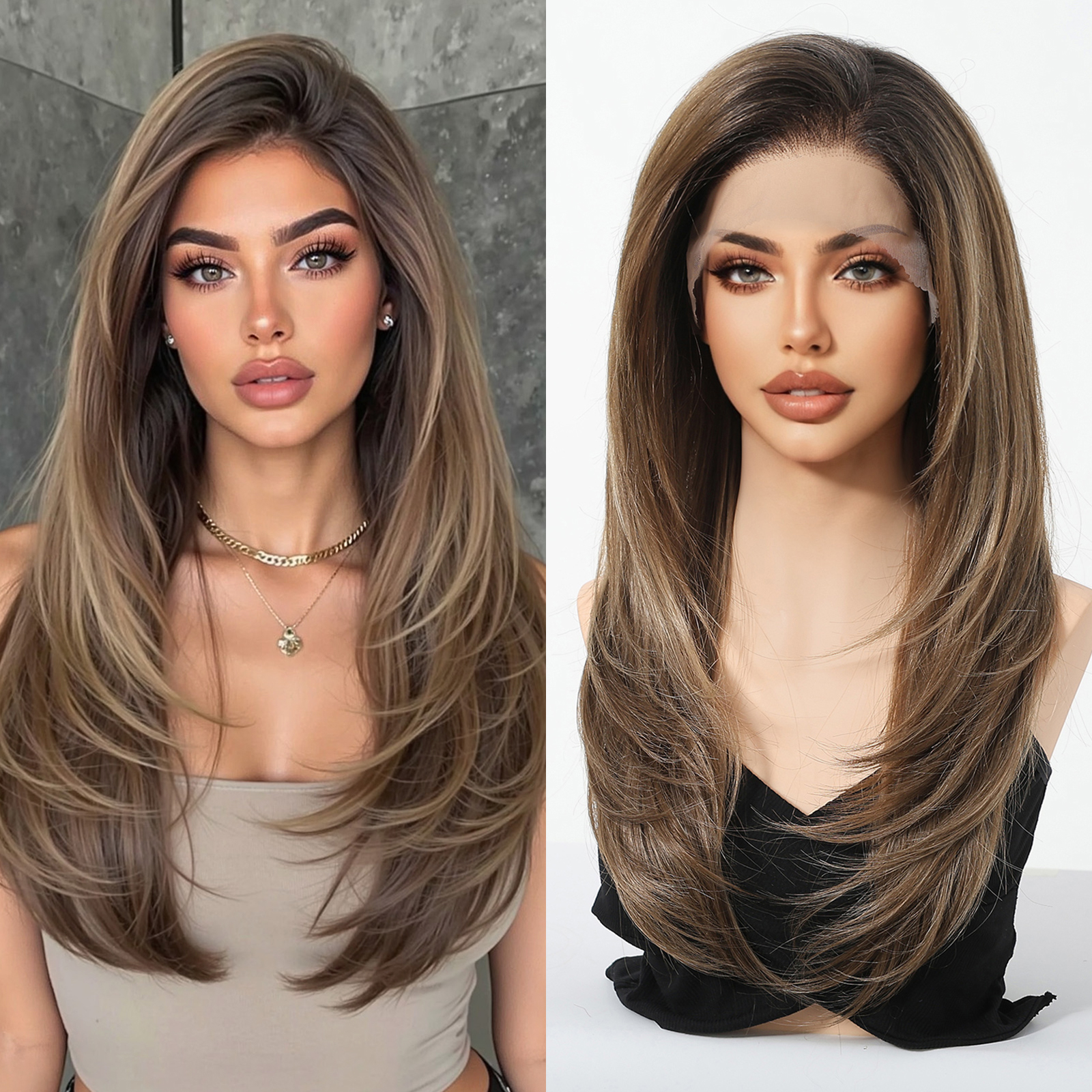 Haircube 混合ブラウンストレートウィッグダークルーツナチュラルヘアライン 13*6 透明レースフロント合成かつら女性のための日常コスプレ