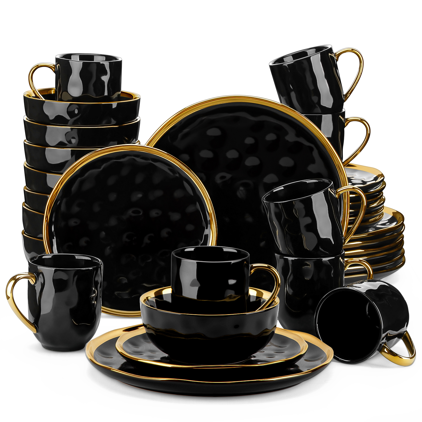 LOVECASA 16/32 ピース黒磁食器セット ゴールドトリムデザートプレート、ディナープレート、カップ、ボウル食器セット付き