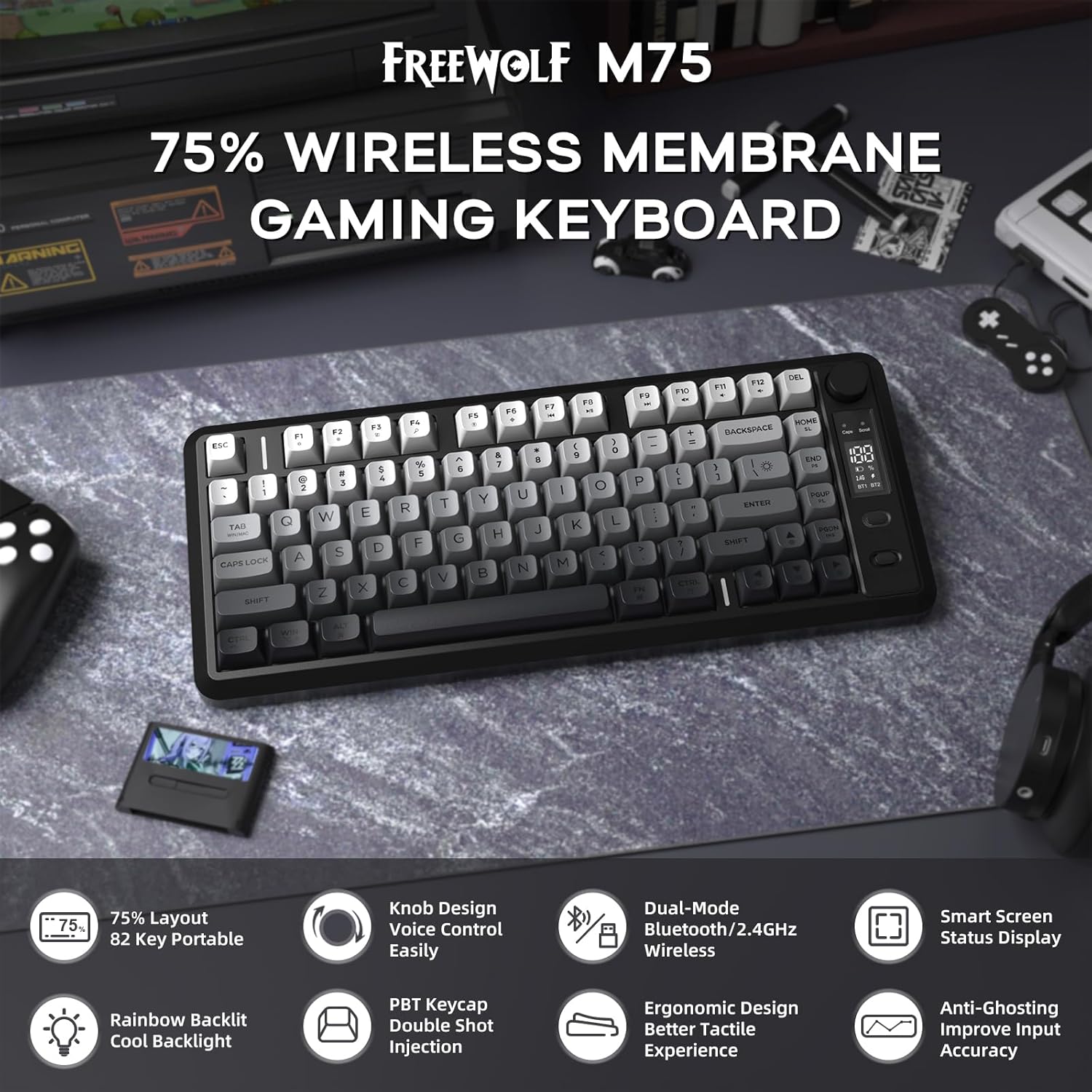 ATTACK SHARK M75 ワイヤレス メンブレン ゲーミング キーボード (ノブ付き)
