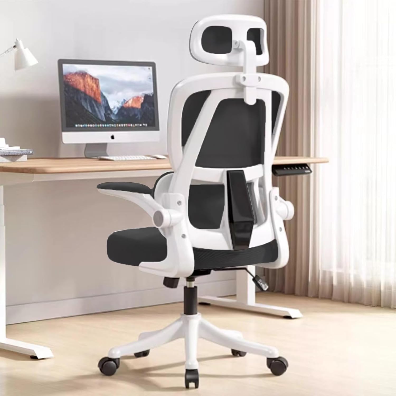 人間工学に基づいたオフィスチェアコンピュータデスクチェア、フリップアップアームレストとランバーサポート付き、ハイバックメッシュゲーミングチェア、カスタマイズ