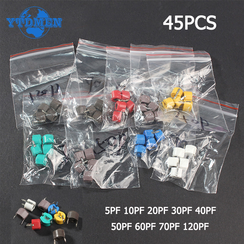 45 個可変トリマーコンデンサキット JML06 5PF 10PF 20PF 30PF 40PF 50PF 60PF 70PF 120PF 調整可能なコンデンサパック