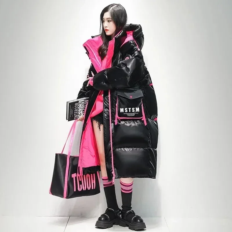 新しい冬の女性の光沢のある防水厚くて緩い上着暖かいパーカー雪ダウンジャケットフード付き X ロング 90% ホワイトダックダウンコート