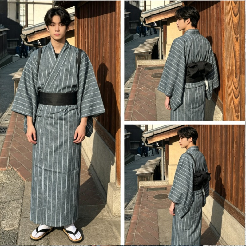 男性用黒の伝統的な日本の着物浴衣ローブ、スタジオ写真撮影や日常のカジュアルウェアのためのレトロなサムライ衣装