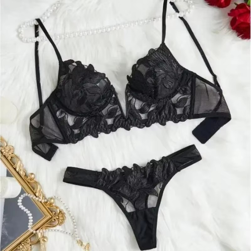 妖精ランジェリー花バレンタイン魅力的なブリーフパンティ下着セクシーなナイトファンシー V 下着ブリーフセット女性のためのシースルーブラジャー