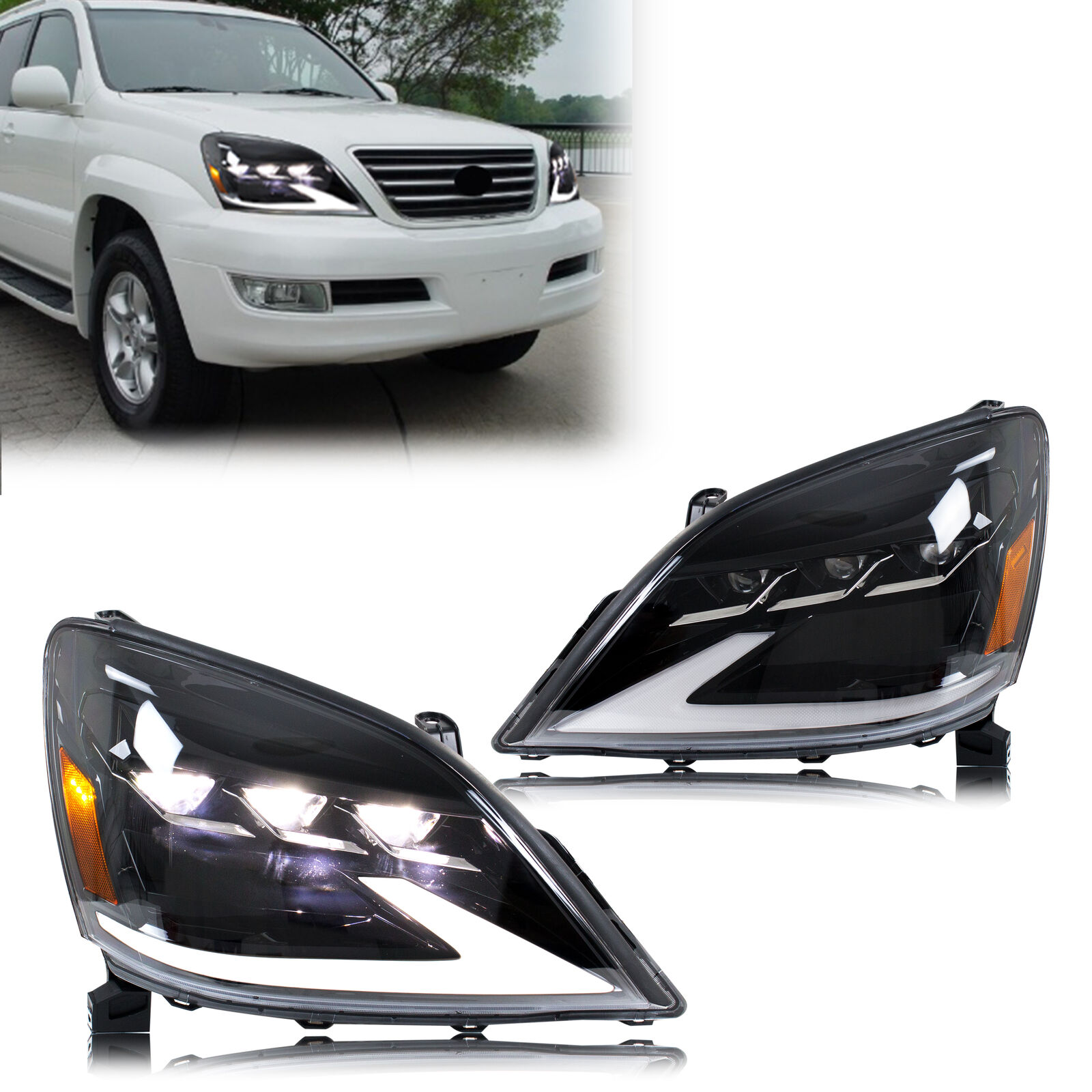 LED ヘッドライトレクサス GX470 2003-2009 シーケンシャルターンシグナルトリプルプロジェクター DRL ブラックハウジングフロントランプアセンブリ