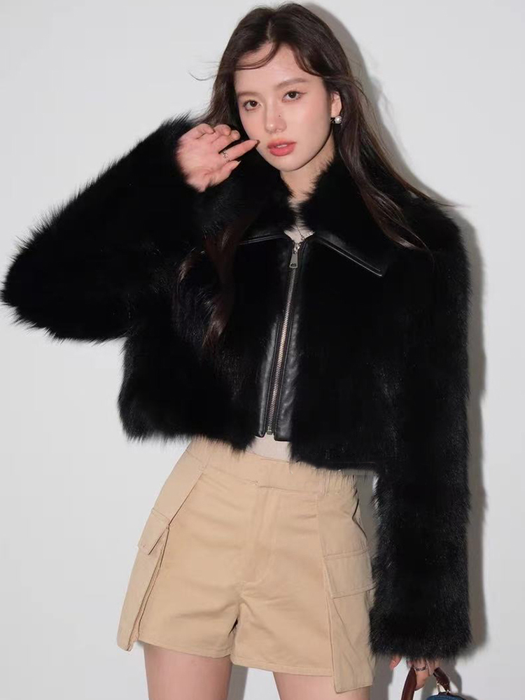 フェイクファークロップコート女性のための春の新ファッションストリート Pu レザー黒ジャケット Y2K セクシーなホットガールラペルジッパーアウター
