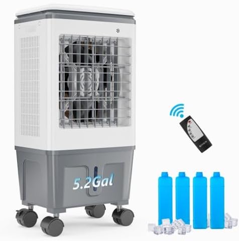 5.2Gal 1400CFM 蒸発空気クーラー、ポータブルスワンプクーラー 3-in-1 冷却ファン、リモコン付き、12 時間タイマー、アイスボックス 4 つ、3 スピード、加湿