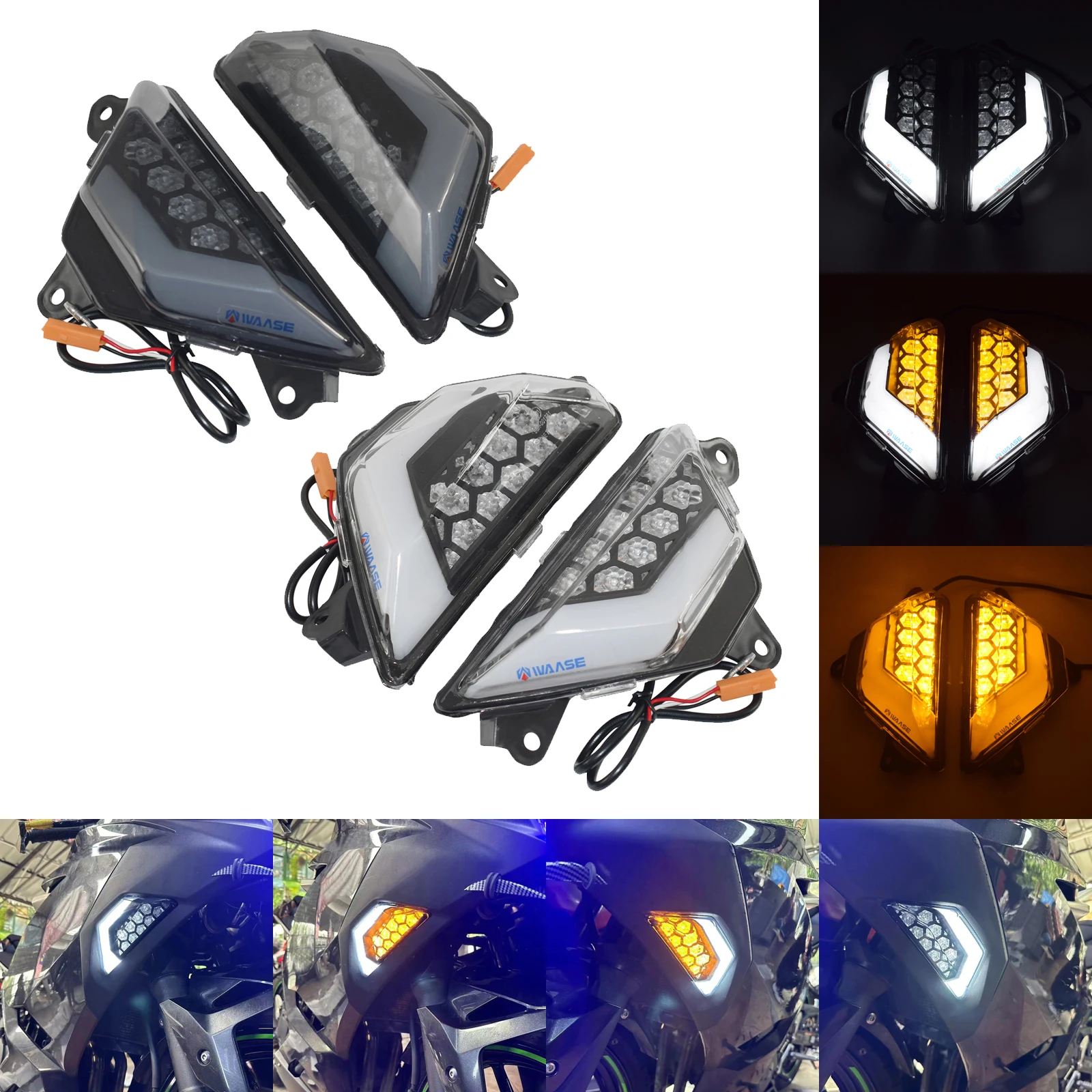 E マーク LED フロントウインカーデイタイムランニングライトカワサキニンジャ 250 300 400 500 650 1000/SX ZX25R ZX4R ZX-4RR ZX6R Z1000SX