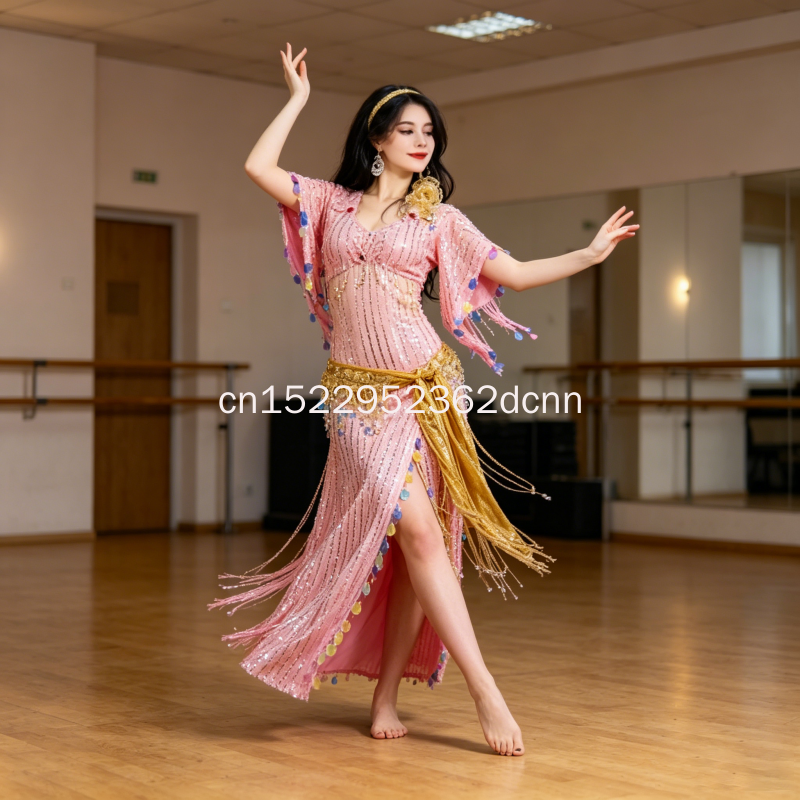 4 点セット ローブ エジプト民族舞踊 Baladi Saidi 竹スティック ダンス パフォーマンス衣装 ゴールドエンボス生地 ベリーダンス セクシー