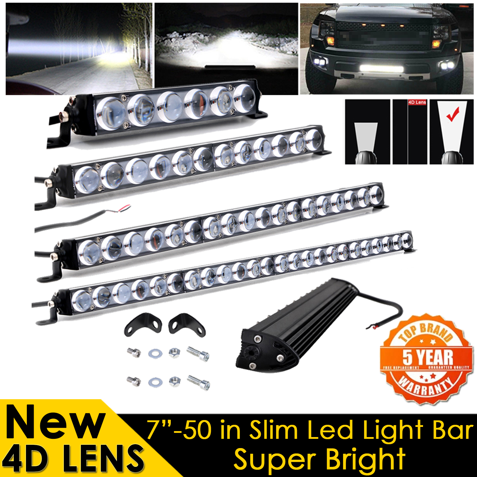 4D レンズ Led ライトバー 7 13 19 25 32 36 42 48 インチスリムワークライト駆動 4 × 4 オートバイオフロード SUV ATV ボート UTV 12 V 24 V