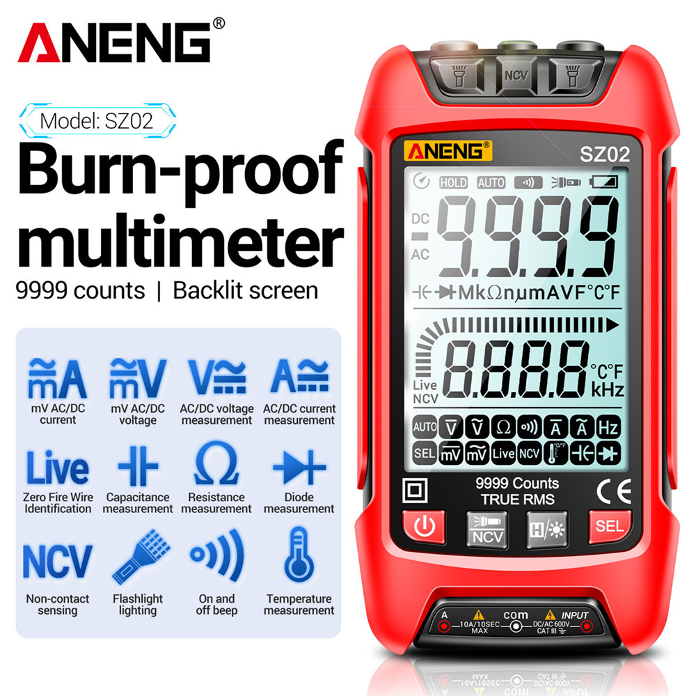 ANENG SZ02 デジタルマルチメータトランジスタスマートテスター 9999 カウント真の実効値自動電気容量計温度抵抗