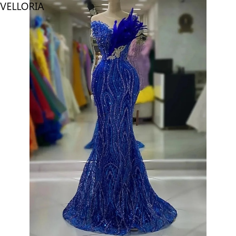 Royal Blue Sequin Feather Mermaid Evening Dress Off Shoulder Formal Prom Gown 2025 New Party Dress Vestdos De Fiesta Customized