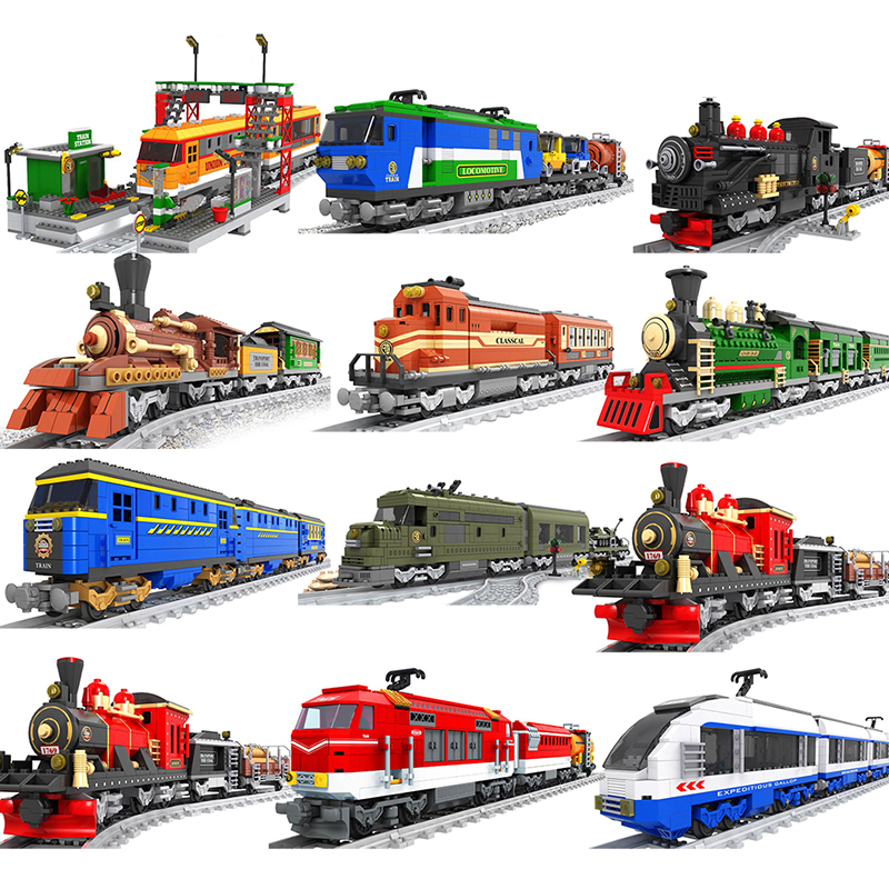 市内電車セット蒸気弾丸車両貨物駅モデルビルディングブロックレンガトラックレールモーターなしキットキャリッジ子供のおもちゃ