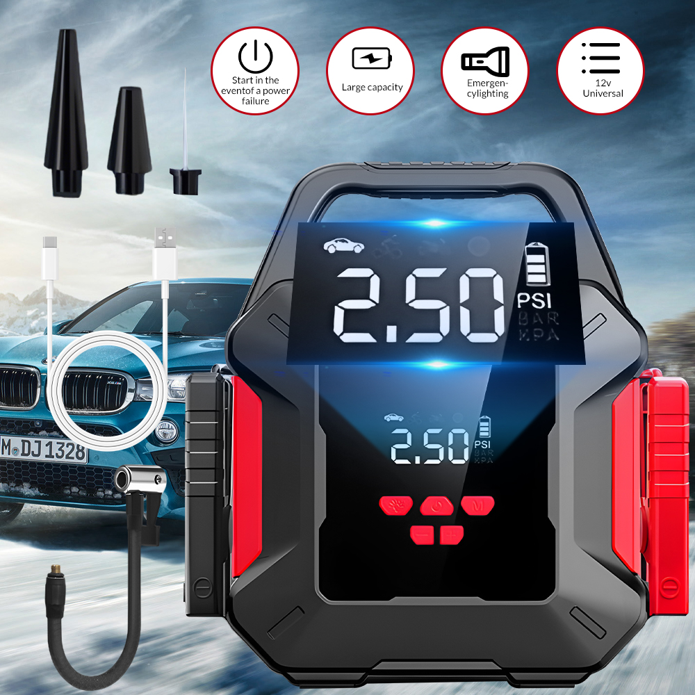 2 in 1 Car Jump Starter with Tire Inflator Portable 12V Auto Battery Booster Digital Air Compressor Pump Emergency Power Bank LED Light for Car Motorcycle Ball