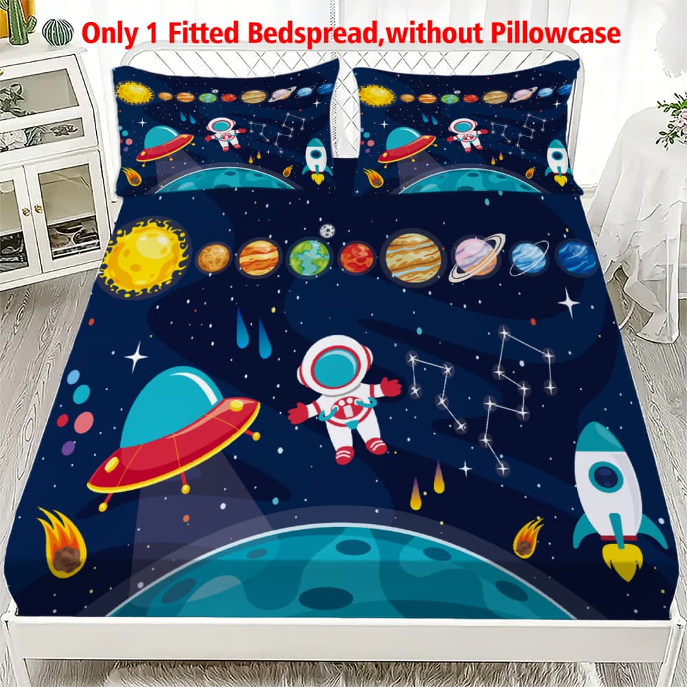 1pc 漫画スペース宇宙飛行士プリントフィットシーツディープポケット弾性マットレスカバーシングル、ダブル、クイーン、キング寝室の装飾