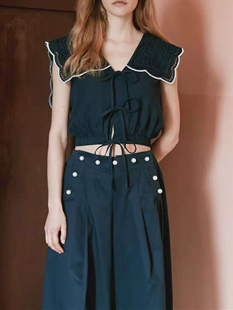 ファッションスリムセット女性の刺繍中空レースアップショートベストまたはパールレースアップワイドレッグパンツ