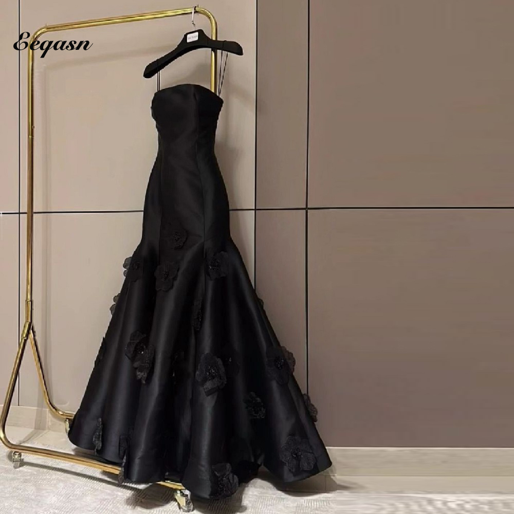 黒花イブニングドレスボールガウンサテン誕生日ドレス高級結婚式ウエディングロングパーティービスポーク行事ガラカスタマイズ