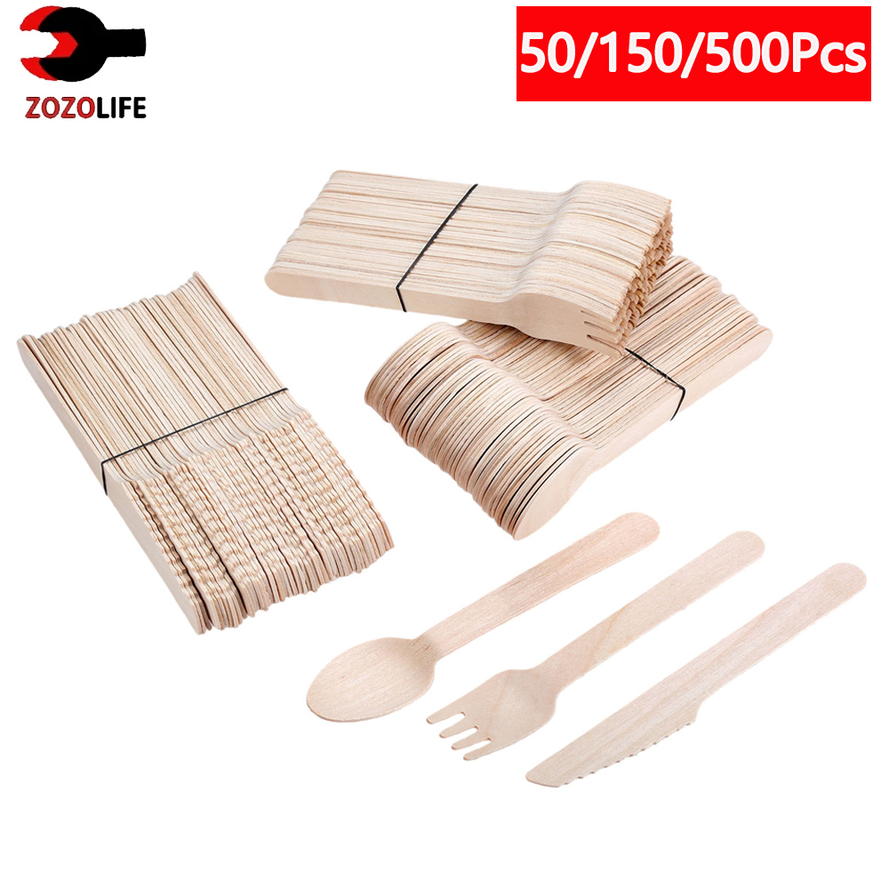 10/150/500 個使い捨て木製カトラリーフォーク/スプーン/カッターナイフパーティー用品キッチン用品デザート食器パッキング 16 センチメートル