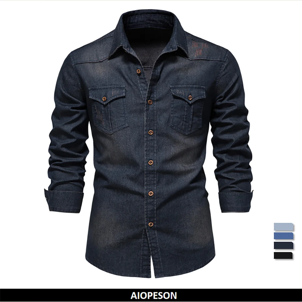 AIOPESON ブランド弾性綿デニムシャツ男性長袖品質カウボーイシャツ男性カジュアルスリムフィットメンズデザイナー服