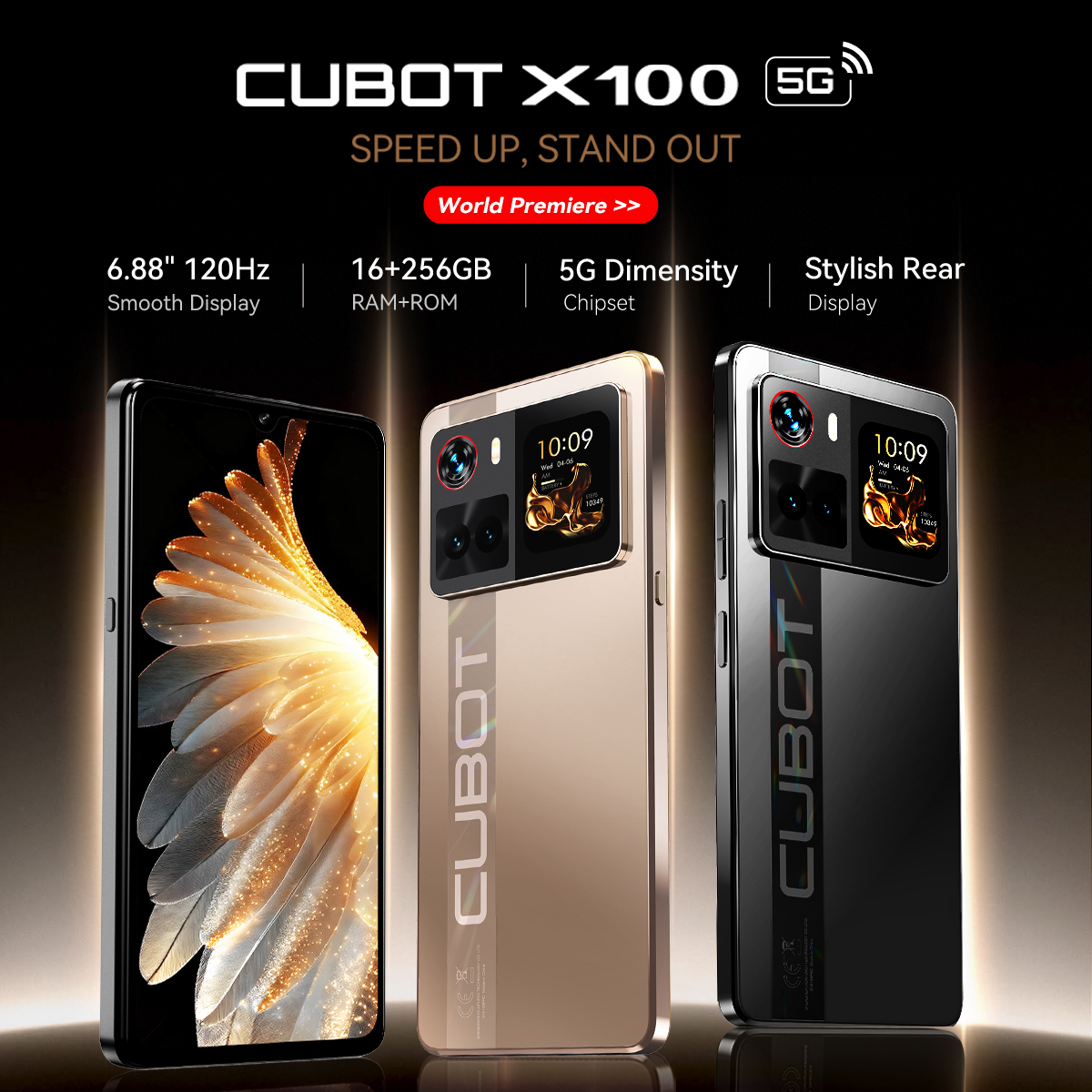 スマートフォン 5G Cubot X100、Android 15、Dimensity 7025、6nm、2.5GHz、6.88インチ画面、16GB(8 8)、256GB、64MPカメラ、5100mAhバッテリー
