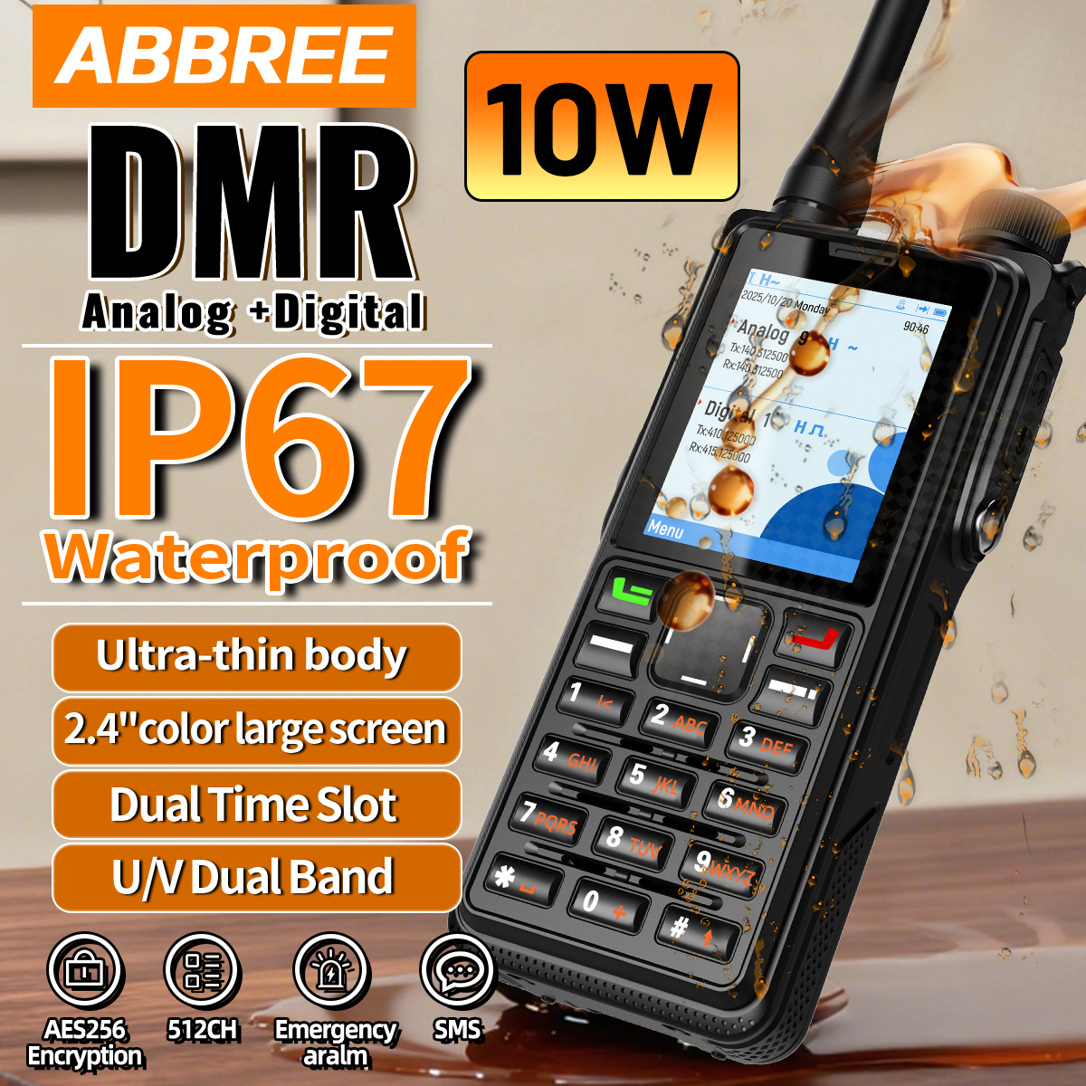 ABBREE AR-880 デジタルトランシーバー DMR 10 ワットハイパワーデュアルモードアナログ U/VHF デュアルバンド IP67 防水デュアルタイムスロットアマチュア無線