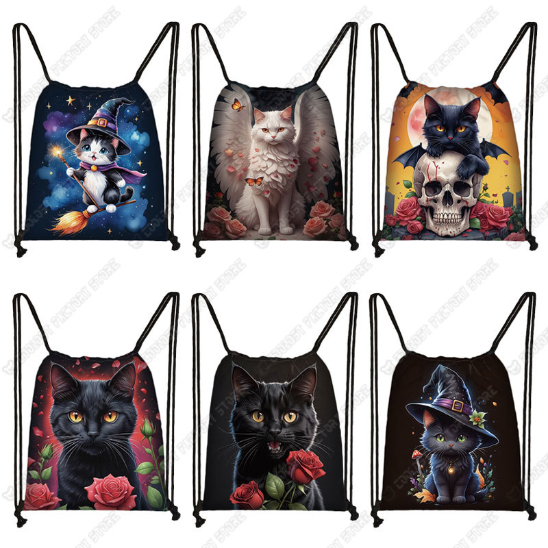 ファンタジー魔法の猫プリント巾着バッグ旅行漫画ジムスポーツバックパックティーンエイジャーランドセルデイバッグ靴ホルダーギフト