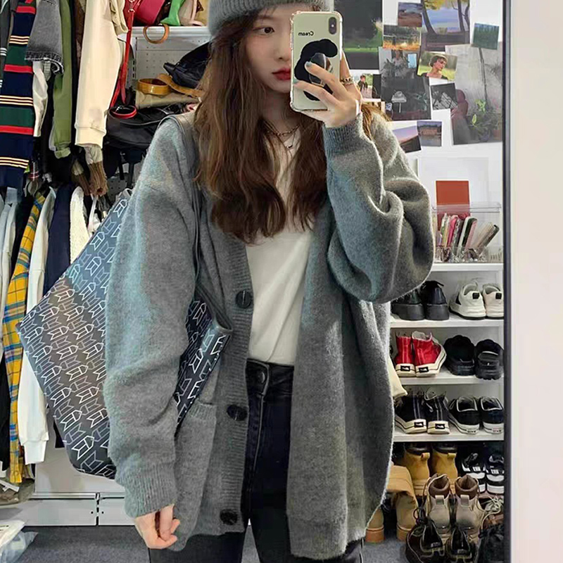 怠惰なスタイルグレーミッドロングセーターカーディガン女性韓国ポケットファッション Kniteed カーディガンコート秋シンプルな多用途オープンコート