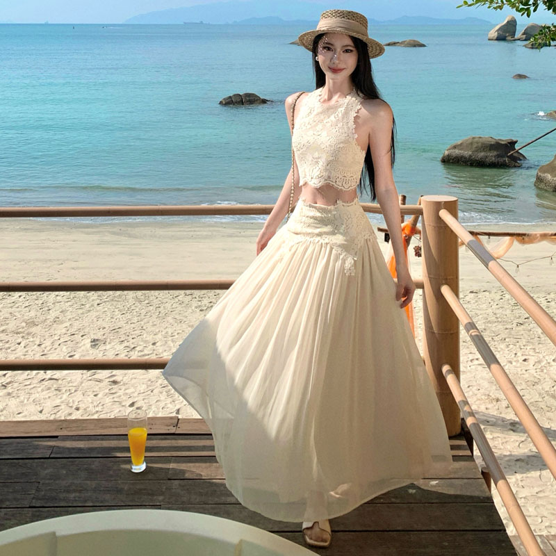 Elegant Sweet Lace Holiday Beach Long Skirt Set Women Two Piece Outfit Party Wear Spring Summer Fashion 2 Piece Sets