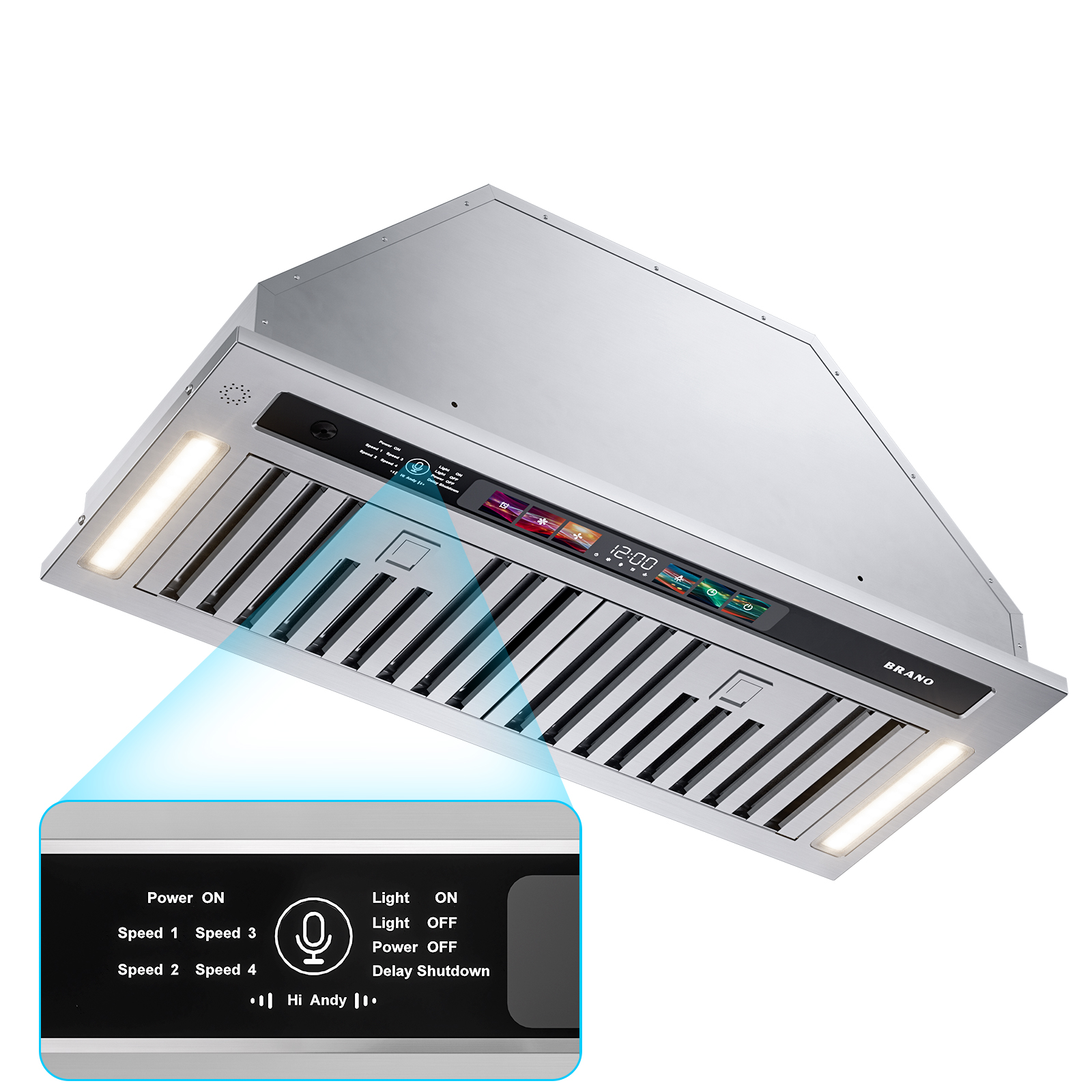 BRANO レンジフードインサート 30 インチ、900 CFM スマート音声/ジェスチャー/タッチコントロール、4 スピード排気ファン、チャコールフィルター付きステンレススチールキッチンフード、ダクト付き/ダクトレス変換可能