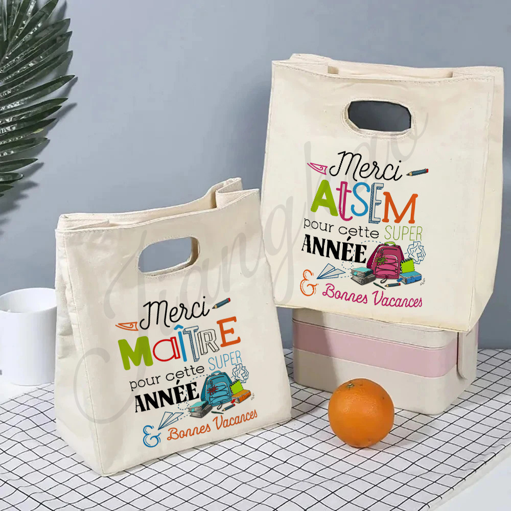 Merci Maitre Atsem プリントクーラーバッグランチバッグポータブル断熱弁当バッグ保温食品ポーチ教師への卒業生への感謝のギフト