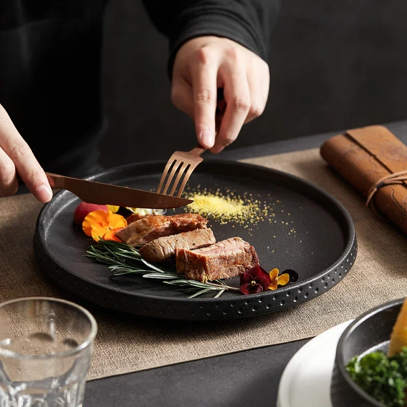 European Ceramic Deep Dish Hotel Restaurant Cutlery Black Frosted Salad Plate Steak Pasta Plate Cooking Bowl Kitchen Utensils