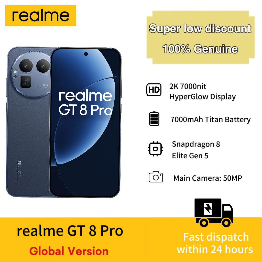 realme GT8 Pro 5G スマートフォン 16 512GB、グローバルバージョン、7000mAh バッテリー、50MP カメラ、Qualcomm Snapdragon8、充電器なし