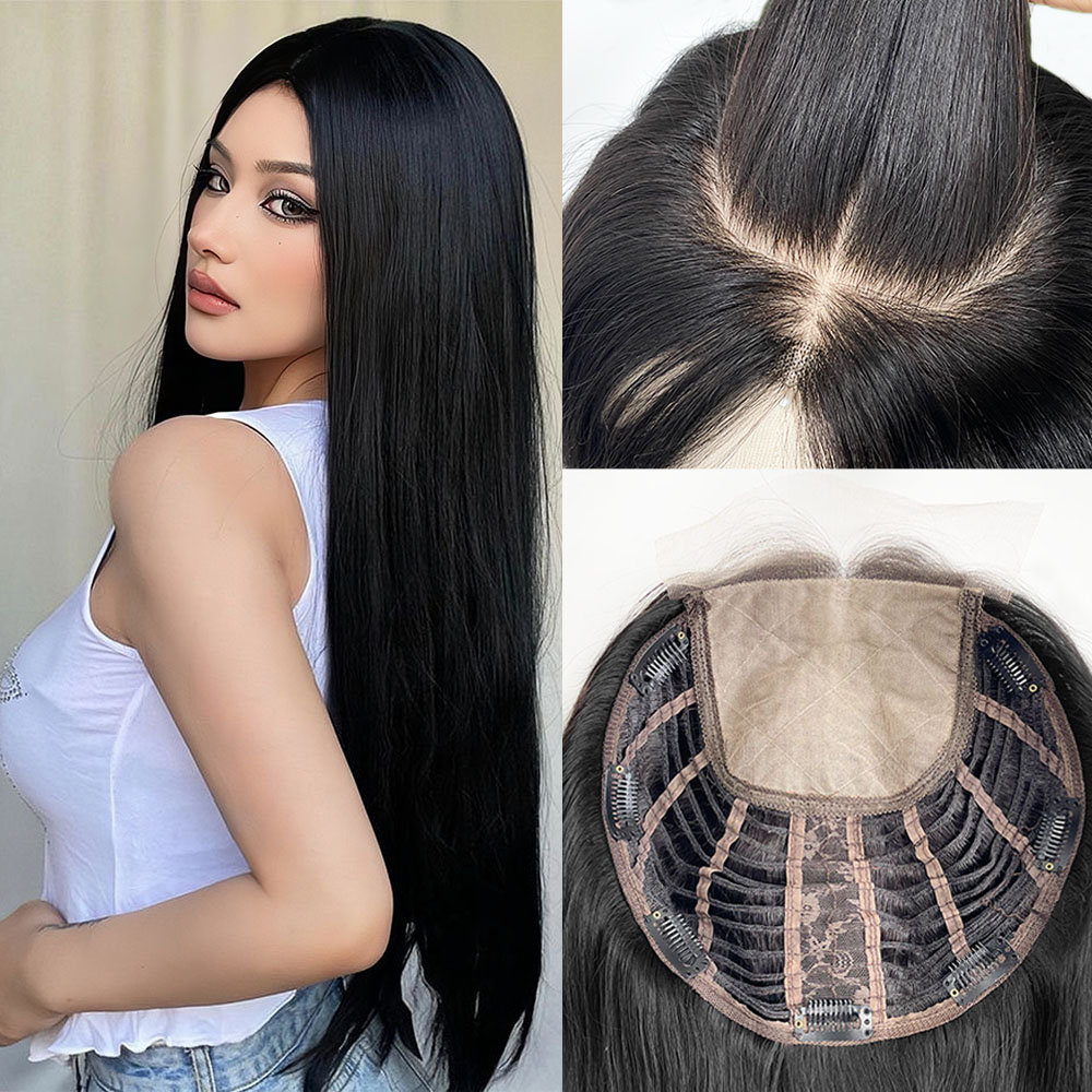 ロングシルクベース人毛トッパー 9 × 9 インチベースサイズバージン人毛横糸トッパーヘアピース女性のための自然な頭皮