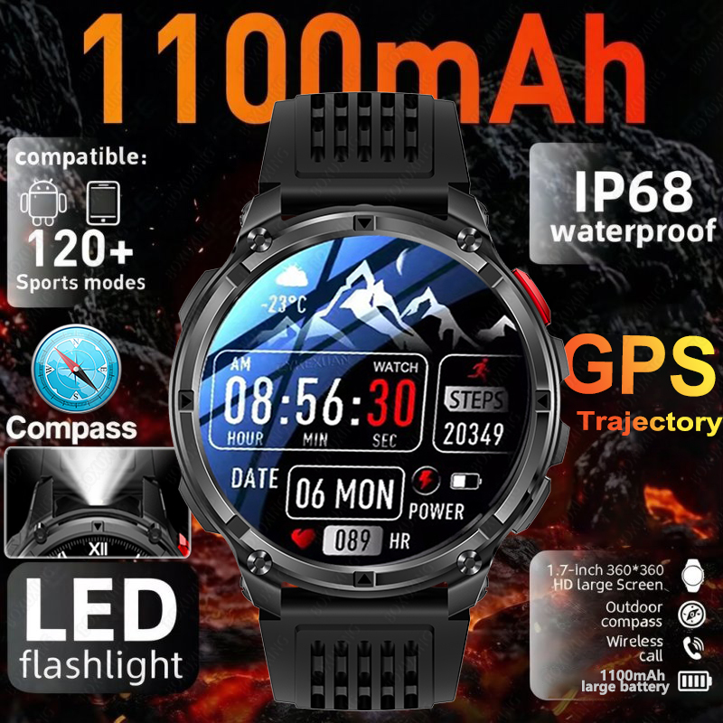 屋外軍事 1100mAh 超耐久バッテリースマートウォッチ懐中電灯 Bluetooth 通話コンパス 5ATM 防水スポーツスマートウォッチ