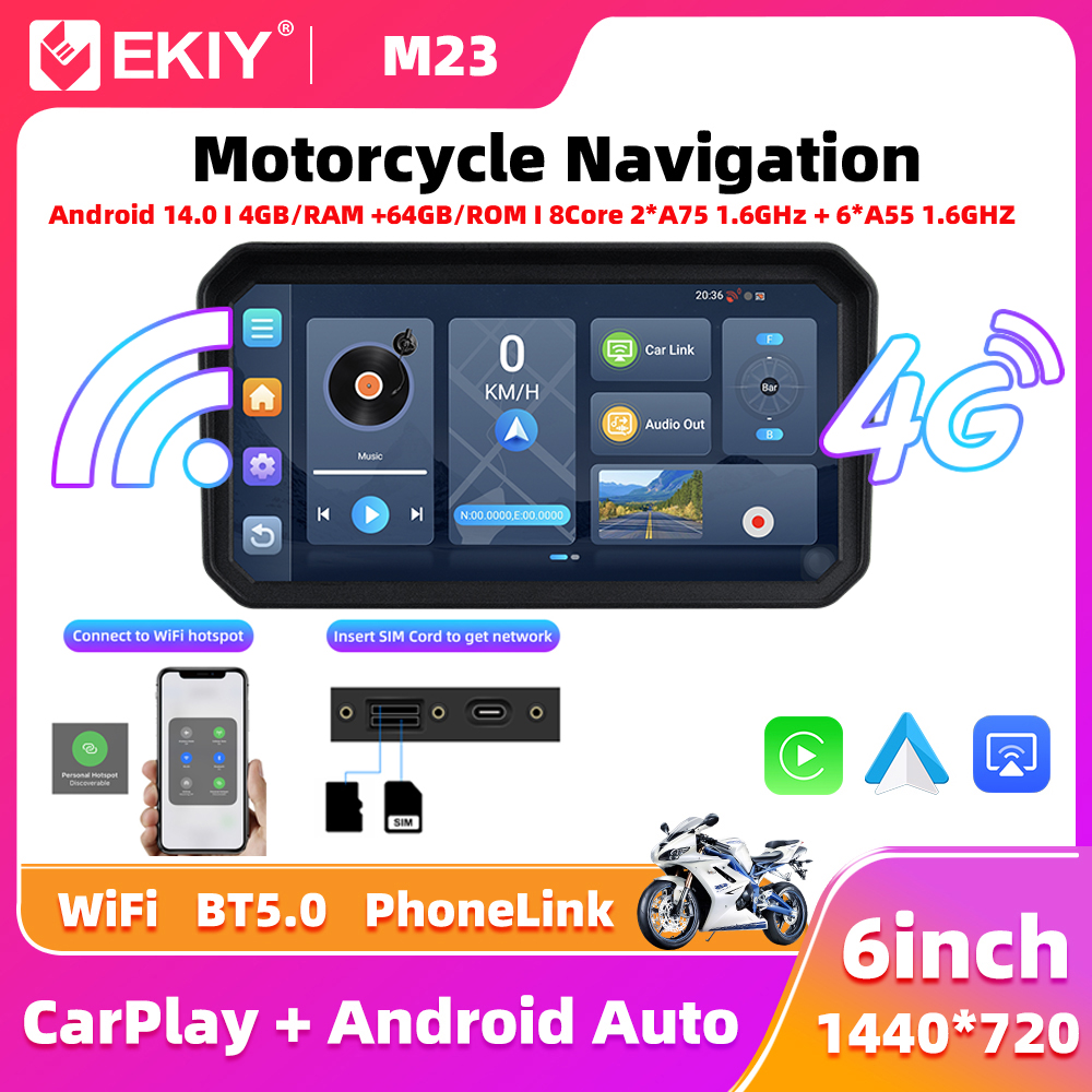 EKIY 6 "ポータブルデジタルオートバイダッシュボード GPS オートバイナビゲーション画面ワイヤレス CarPlay Moto Android 自動 Android 14.0