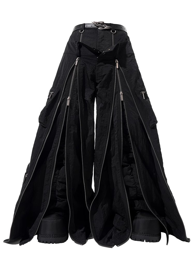 Mauroicardi 春秋クール黒だぶだぶワイドレッグ Techwear パンツメンズ多くのジッパー付き高級デザイナー服ストリート