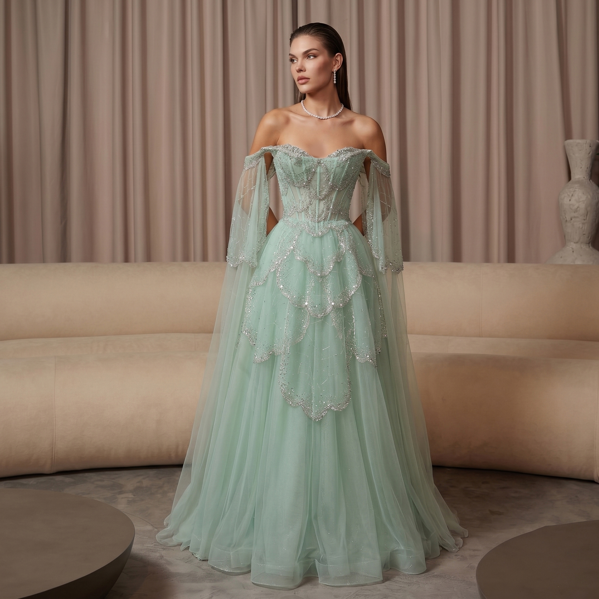 シャロンはエレガントなオフショルダーセージグリーンイブニングドレスケープ袖恋人高級結婚式パーティー SS215 カスタマイズ