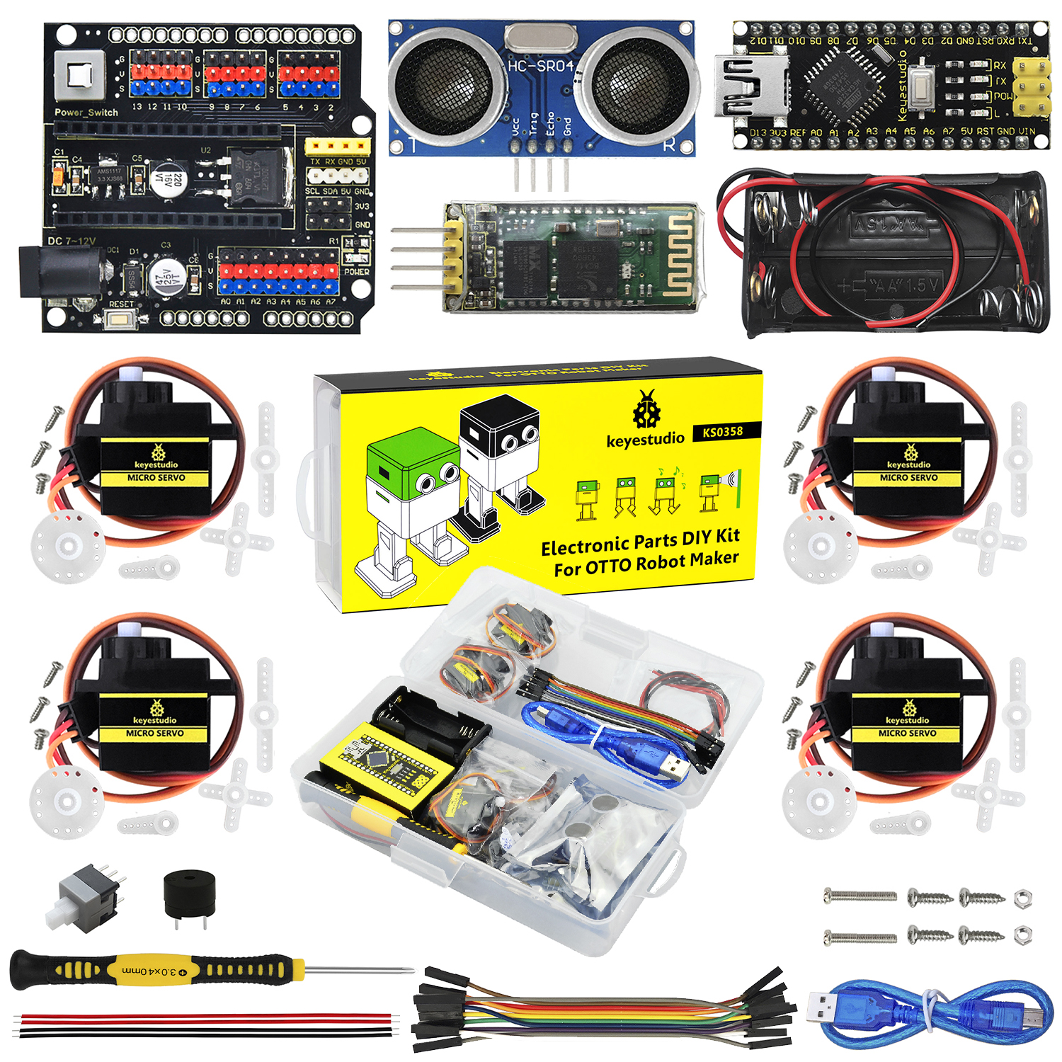 Keyestudio 電子部品 DIY スターターキット Arduino Nano OTTO ロボット STEM プログラミングおもちゃ OTTO ボディ印刷部品なし