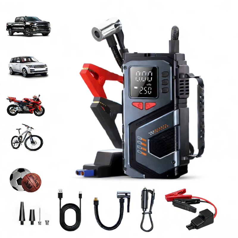 ポータブルジャンプスターター エアコンプレッサー付き 12V ディーゼルガソリン車用 150 PSI タイヤエアポンプ オートバッテリーブースター LEDライト付き