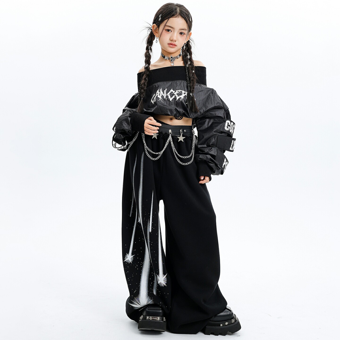 Kid Kpop Hip Hop Clothing Black Off Shoulder Puff Sleeves Top Meteor Print Sweat Pants for Girls Street Dance Costumes Clothes