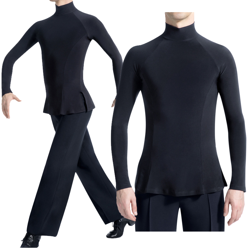 男性ラテンダンストップスプロフェッショナルトレーニング練習服長袖黒ハイカラートップス男性チャチャサルサ着用 DNV22870