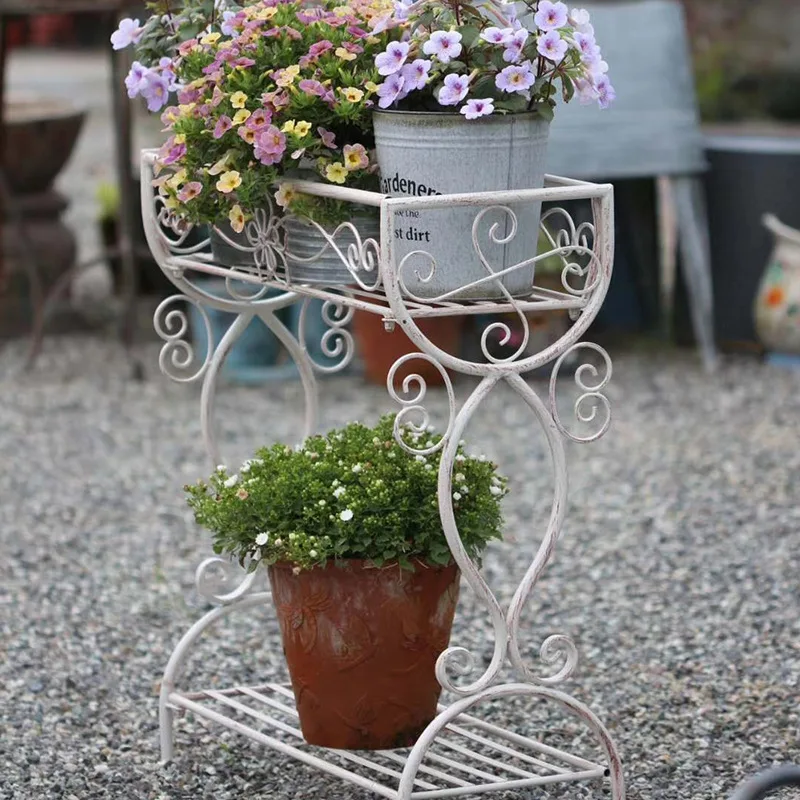 屋外鉄植物スタンド二層床棚装飾安定した耐荷重フラワーホルダー庭のバルコニー装飾